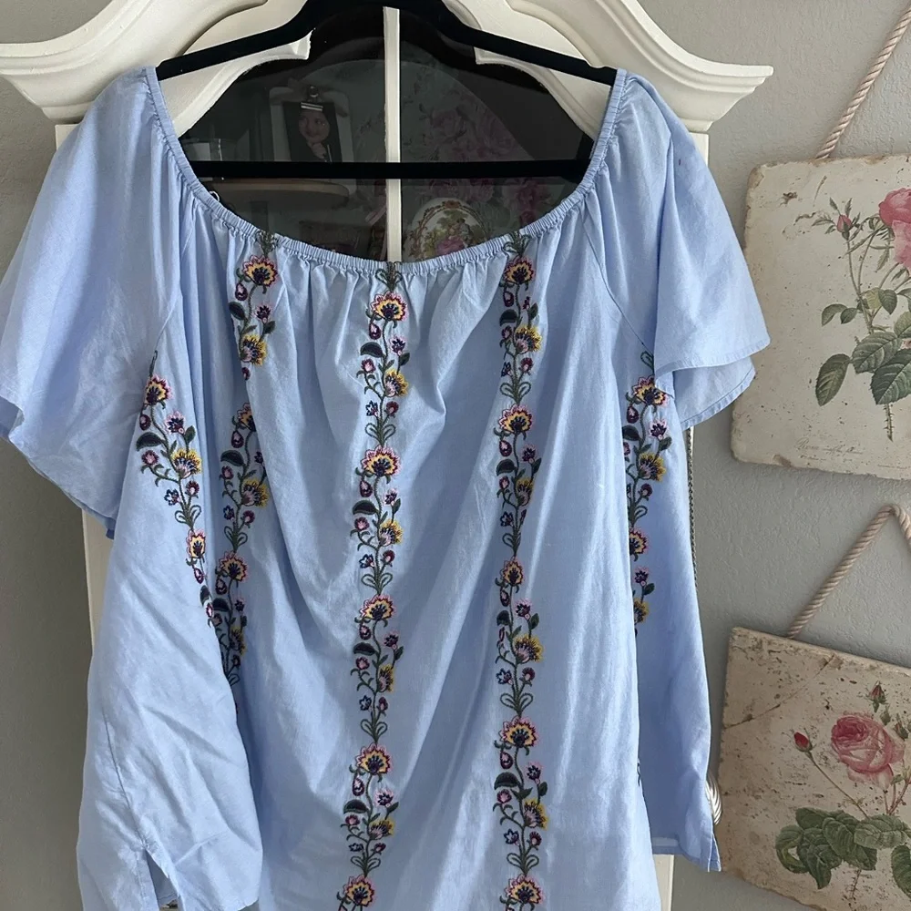 Lane Bryant Embroidered Off-Shoulder Blue Top - Picture 2 of 7